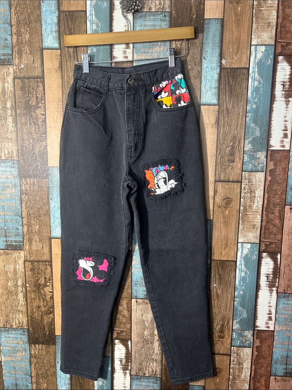 Walt Disney Co. High-Rise Black Jeans with Colorful Patch Mickey Mouse